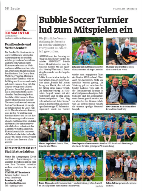 Stadtblatt Nachbericht vom letztjährigen 5. Bubble Soccer Turnier 2019 der SPG Innsbruck West.