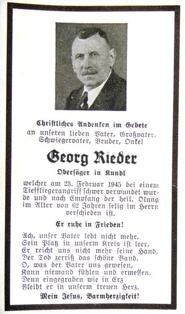Der Kundler Obersäger Georg Rieder starb an den Folgen eines Tieffliegerangriffs im Rahmen des großen Bombenangriffs auf den Wörgler Bahnhof am 23. Februar 1945.
| Foto: Willi Rieder