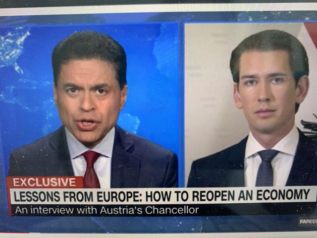 Kanzler Kurz im Interview mit CNN über die Lockerungen der Maßnahmen. | Foto: CNN