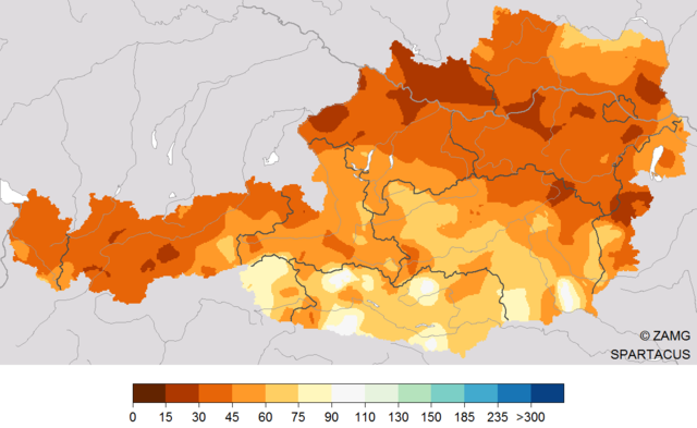 Niederschlag im bisherigen Frühling 2020 (1. März bis 20. April): Vergleich des Niederschlags mit dem Mittel 1981-2010. 100 Prozent entsprechen dem Mittelwert. Auswertung mit SPARTACUS-Daten bis inkl. 20.4.2020. Quelle ZAMG. | Foto: ZAMG