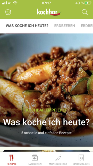 App-Tipp der Woche: Unser App-Tipp der Woche "Kochbar" ist eine umfangreiche Rezeptsammlung. Jeden Tag gibt es neue Rezeptvorschläge. Zusätzlich punktet die App mit eigenen Kategorien für saisonale Rezepte. | Foto: Screenshot