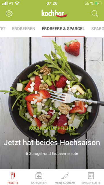App-Tipp der Woche: Unser App-Tipp der Woche "Kochbar" ist eine umfangreiche Rezeptsammlung. Jeden Tag gibt es neue Rezeptvorschläge. Zusätzlich punktet die App mit eigenen Kategorien für saisonale Rezepte. | Foto: Screenshot