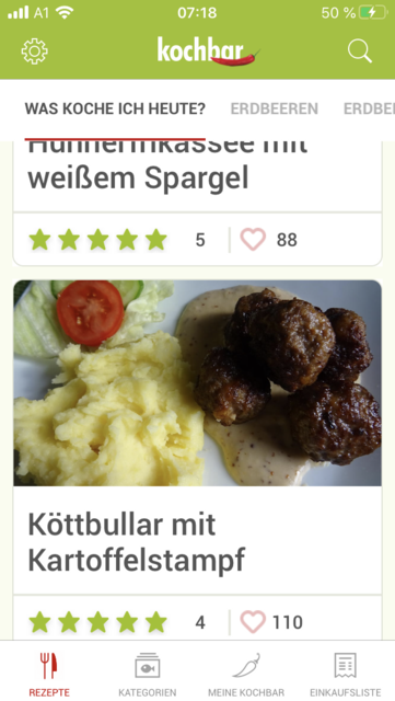 App-Tipp der Woche: Unser App-Tipp der Woche "Kochbar" ist eine umfangreiche Rezeptsammlung. Jeden Tag gibt es neue Rezeptvorschläge. Zusätzlich punktet die App mit eigenen Kategorien für saisonale Rezepte. | Foto: Screenshot