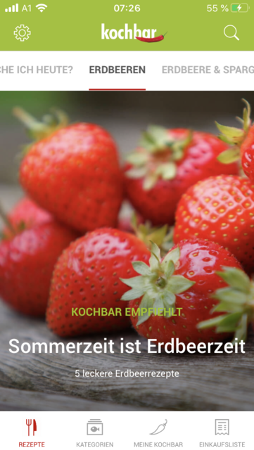App-Tipp der Woche: Unser App-Tipp der Woche "Kochbar" ist eine umfangreiche Rezeptsammlung. Jeden Tag gibt es neue Rezeptvorschläge. Zusätzlich punktet die App mit eigenen Kategorien für saisonale Rezepte. | Foto: Screenshot