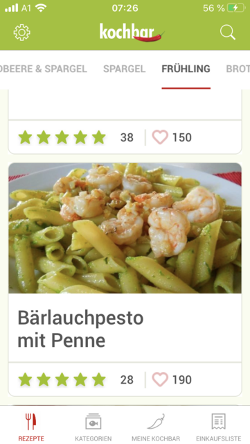 App-Tipp der Woche: Unser App-Tipp der Woche "Kochbar" ist eine umfangreiche Rezeptsammlung. Jeden Tag gibt es neue Rezeptvorschläge. Zusätzlich punktet die App mit eigenen Kategorien für saisonale Rezepte. | Foto: Screenshot