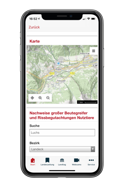 Es stehen eine Tirolkarte und unterschiedliche Suchkriterien zur Verfügung.