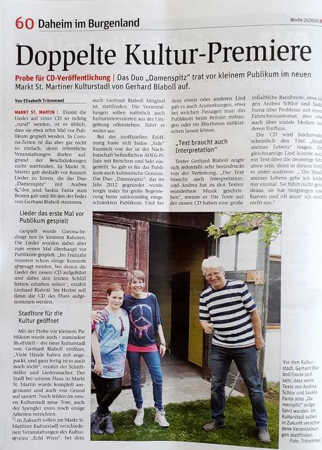 Toller Zeitungsartikel zu Damenspitz, Kulturstadl Markt Sankt Martin, Gerhard Blaboll und Kulturverein Echt Wien