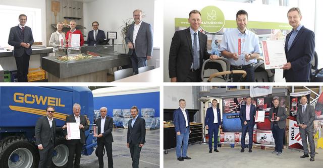 Die Mühlviertler-Preisträger  mit Gratulanten im Uhrzeigersinn von oben links: Honeder Naturbackstube, Naturkind, Holzmann und Göweil. | Foto: BRS, Schöttl