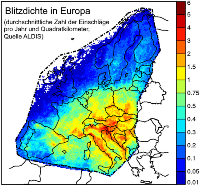 Die Karte zeigt die Blitzdichte in Europa. Die Steiermark und Teile Kärntens gehören dazu.