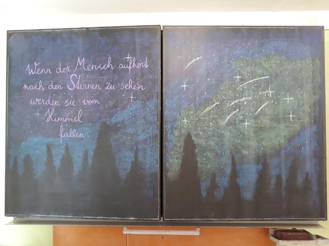 Kreatives Tafelbild zur Sternenkunde, ein Schwerpunkt in der 5. bzw. 6. Schulstufe.
