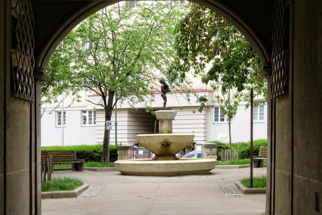 Vorbei geht's an der Städtischen Bücherei mit dem hübschen Brunnen. Rechts steht ein Kirschen- oder Weichselbaum mit fast reifen Früchten.