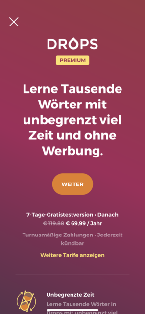 Unser App-Tipp der Woche Drops ist eine Sprachlern-App, bei der man in wenigen Minuten täglich, seinen Wortschatz in verschiedenen Sprachen verbessern kann. | Foto: Screenshot