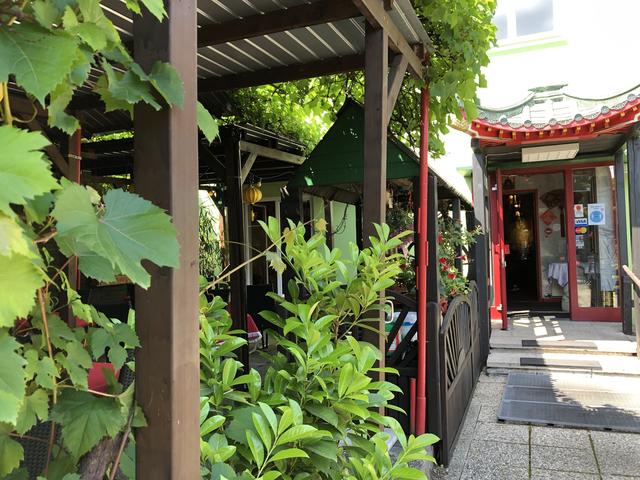 Mit Wein bewachsene Lauben spenden im Sommer Schatten und machen den Gastgarten des Tai Yong zur exotischen Ruheoase.