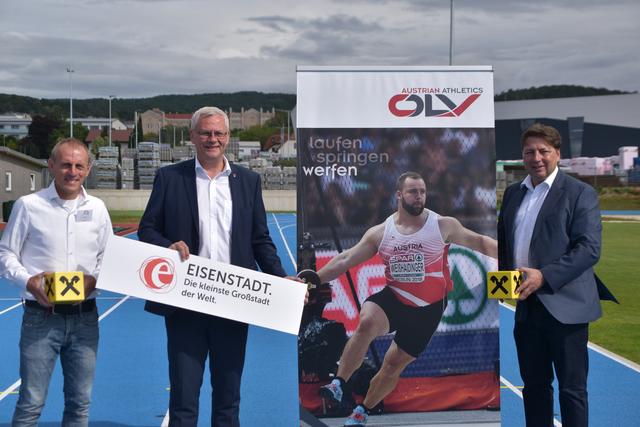 Freuen sich auf ein hochkarätiges Leichtathletik-Meeting in Eisenstadt: Meeting-Direktor Rolf Meixner, Bgm. Thomas Steiner und Rudolf Könighofer (Generaldirektor Raiffeisen Burgenland) | Foto: Uchann