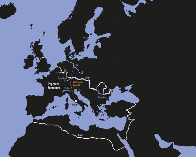 Eine Karte, die die Bedeutung der Via Claudia Augusta in der Römerzeit zeigt.