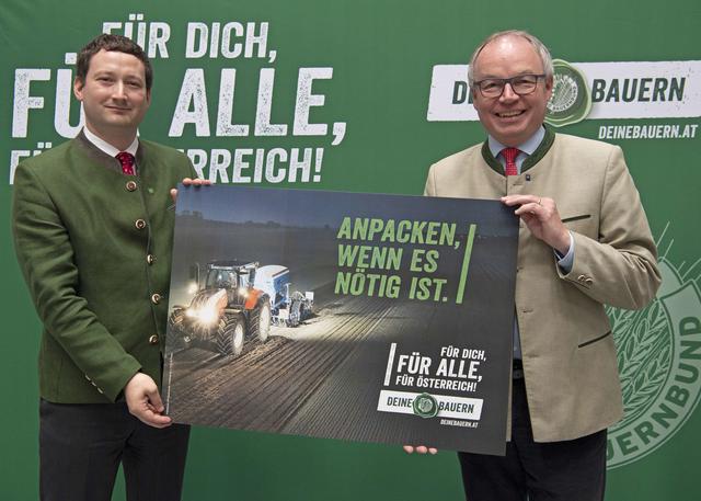 NÖ Bauernbundobmann LH-Stv. Stephan Pernkopf und Direktor Paul Nemecek (l.) präsentierten die neue Kampagne „Für Dich, für alle, für Österreich“.