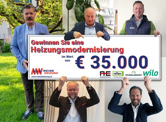 Gruppenbild in Zeiten von Corona: Gemeinsam sponsern Egon Zirgoi (Vertriebsleitung Austria Email Österreich , Mitte oben), Alexander Sollböck ( Geschäftsführer Reflex Austria, rechts oben), Andreas Zottler (Vertriebsleitung Vogel & Noot Österreich, Mitte unten) und Thomas Priglhuber (Vertriebsleitung Wilo Österreich, rechts unten) eine Heizungsmodernisierung. Eingebaut wird das System ehrenamtlich von Salzburger Installateur-Innungsmeister und Obmann des Zukunftsforum SHL Andreas Rotter (links).