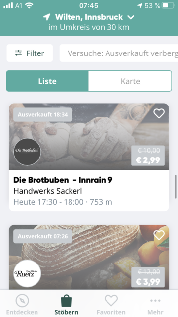 Unser App Tipp der Woche "Too Good to Go" ist eine App, um auf günstige und angenehme Weise Lebensmittel zu retten. Einfach die App installieren, schauen, welche Anbieter es in der Nähe gibt, bestellen und günstige Lebensmittel abholen. | Foto: Screenshot