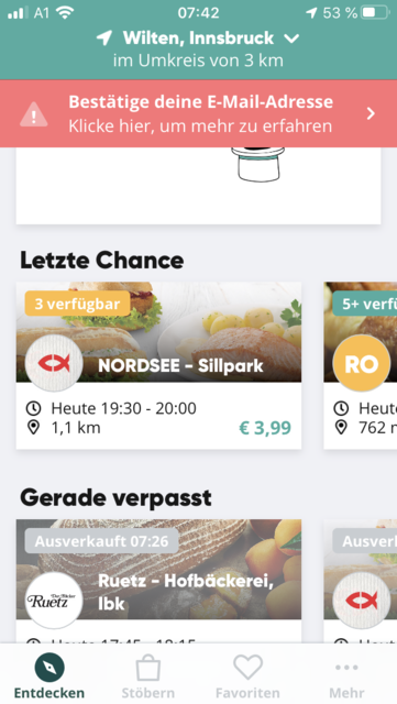 Unser App Tipp der Woche "Too Good to Go" ist eine App, um auf günstige und angenehme Weise Lebensmittel zu retten. Einfach die App installieren, schauen, welche Anbieter es in der Nähe gibt, bestellen und günstige Lebensmittel abholen. | Foto: Screenshot
