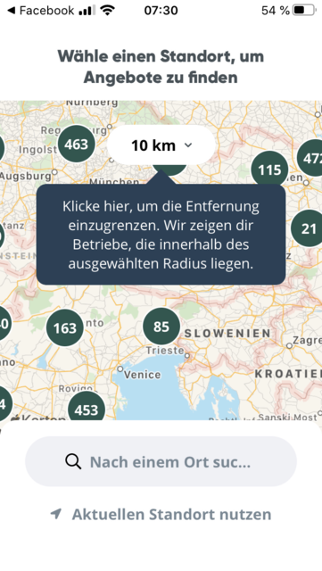 Unser App Tipp der Woche "Too Good to Go" ist eine App, um auf günstige und angenehme Weise Lebensmittel zu retten. Einfach die App installieren, schauen, welche Anbieter es in der Nähe gibt, bestellen und günstige Lebensmittel abholen. | Foto: Screenshot