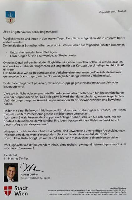 Reaktion auf die Flugzettel: In einer amtlichen Mitteilung richtet sich Bezirksvorsteher Hannes Derfler (SPÖ) an die Brigittenauer.