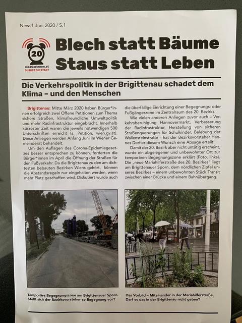 "Blech statt Bäume, Staus statt Leben": Unter diesem Titel flatterten Flugzettel der parteiunabhängigen Bürgerinitiative "Die 20er*innen" in zahlreiche Briefkästen.