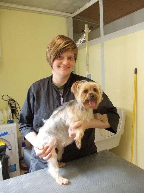 Nicole Themessl mit einem Hund in ihrem Salon