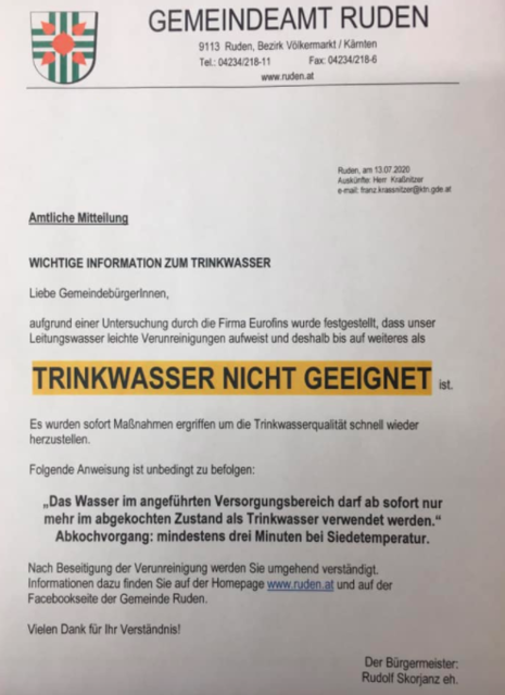 Über Facebook informierte die Gemeinde darüber, dass das Wasser derzeit nicht zum Trinken geeignet ist.