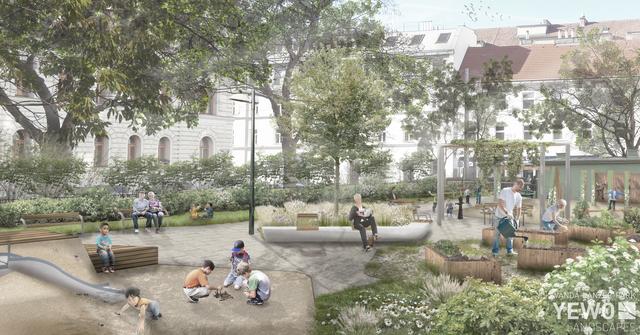 Der Grätzelgarten Wanda-Lanzer-Park bekommt Hochbeete, neue Spielgeräte, mehr Sitzgelegenheiten und Begrünung und ein Wasserspiel.  | Foto: Visualisierung: YEWO Landscapes