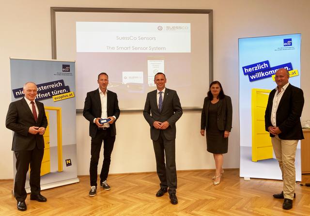 ecoplus-Geschäftsführer Helmut Miernicki, Co-Gründer von Suessco Sensors, Ernst Windhör, Wirtschafts- und Technologielandesrat Jochen Danninger, Abteilung Wirtschaft von Tourismus und Technologie NÖ Landesregierung, Kerstin Koren, accent-Geschäftsführer Michael Moll.