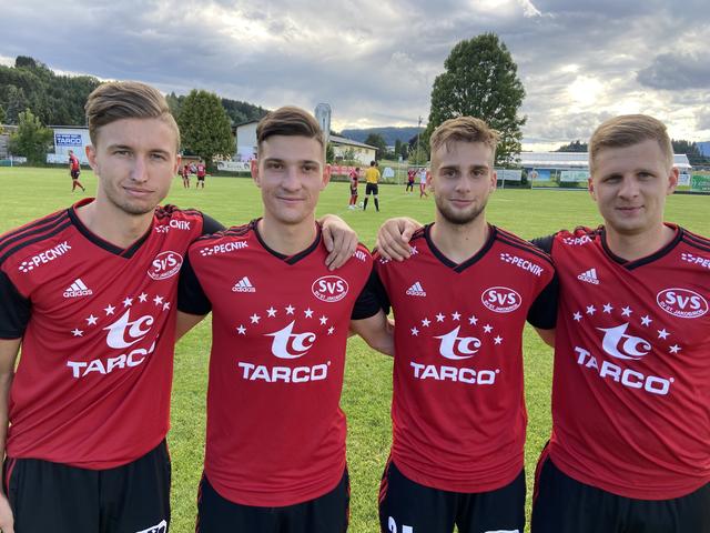 Lukas Frühauf, Tim Oman, Blaz Jamsek, Jonas Warmuth sind die Neuen beim Landesligisten St. Jakob/Ros.  | Foto: Ogradnig/KK