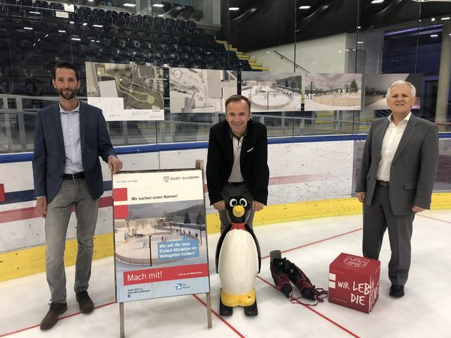 Sind bereits im Wintermodus: Roland Oberhauser, Bernhard Auinger und Klaus Hinterberger stellten die neue Eisrunde im Volksgarten vor.  | Foto: Lisa Gold