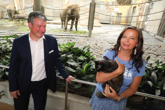 Tiergartendirektor Stephan Hering-Hagenbeck, Tierschutzstadträtin Ulli Sima und Katze Frida - Kater Pablo war schon an der Arbeit