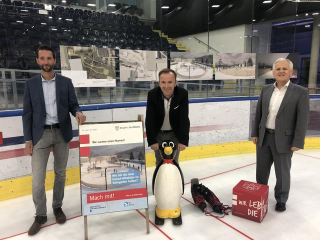 Sind bereits im Wintermodus: Roland Oberhauser, Bernhard Auinger und Klaus Hinterberger stellten die neue Eisrunde im Volksgarten vor.  | Foto: Lisa Gold