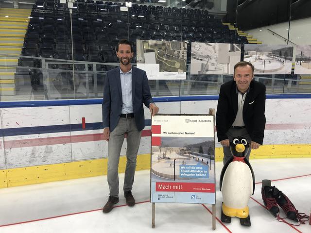 Sind bereits im Wintermodus: Roland Oberhauser und Bernhard Auinger stellten die neue Eisrunde im Volksgarten vor.  | Foto: Lisa Gold