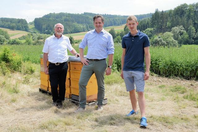 Beim Besuch am Mariendistelfeld in Sperkental (V.l.n.r.): Designierter Obmann des NÖ Imkerverbandes Josef Niklas, Präsident der Landwirtschaftskammer NÖ Johannes Schmuckenschlager und Imker Thomas Lemp. | Foto: Pilz