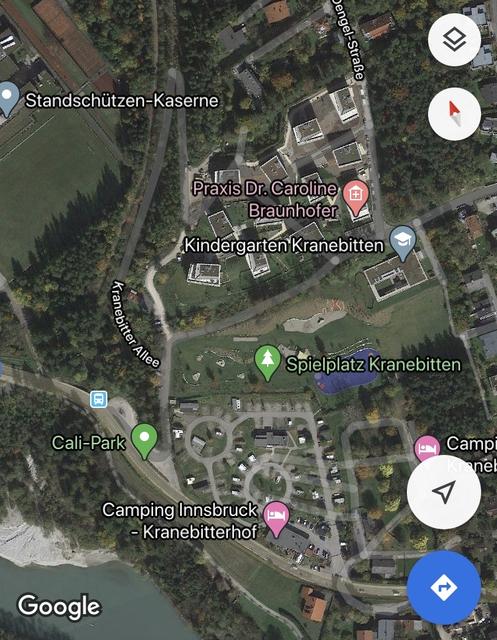 Zwischen dem Kranebitter Spielplatz und der Standschützen-Kaserne ist das Grillplatz-Projekt KRanebitten II geplant. | Foto: googlemaps