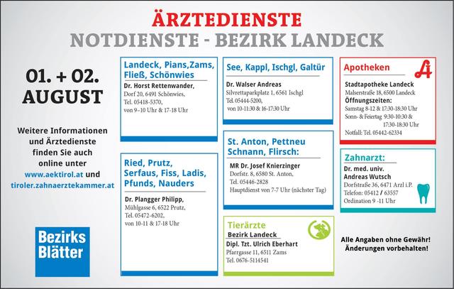 Die Notdienste im Bezirk Landeck am Samstag, 1. August und Sonntag, 2. August.
