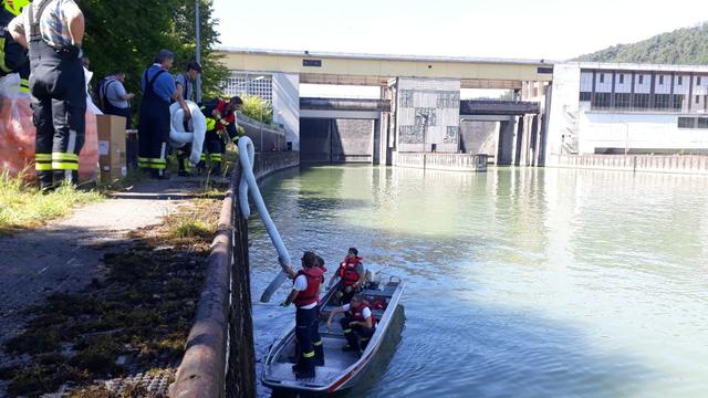 Die Einsatzkräfte standen mit mehreren Booten und Tauchern im Einsatz, um das verunglückte Boot in der Nähe des Kraftwerks in Aschach an der Donau zu bergen.