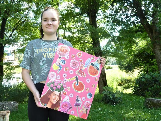 Emma mit ihrer farbenprächtigen Collage-Mischtechnik-Arbeit | Foto: Ambrusch