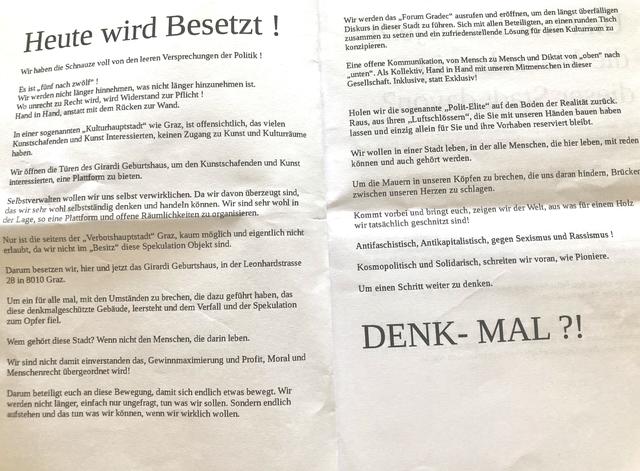 Info-Broschüre: Die wichtigsten Forderungen wurden an Passanten verteilt. Das Informationsmaterial enthält jedoch eine Rechtschreib- und Grammatikfehler.
