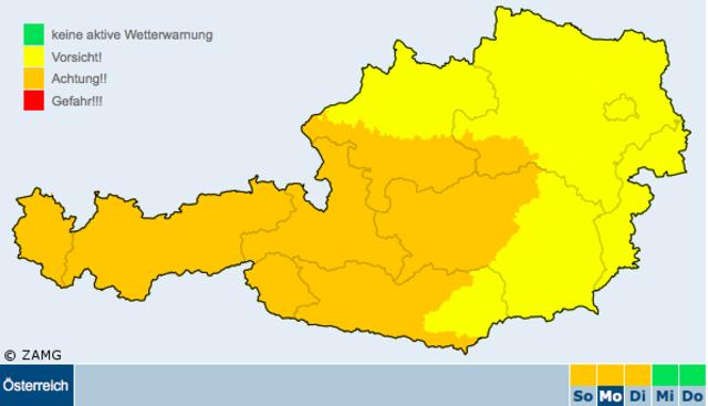 Wetterwarnung der ZAMG vom 02.08.2020. Der Katastrophenschutz und der Hydrographische Dienst beobachten die Lage genau, da es doch etwas länger als prognostiziert regnen wird.