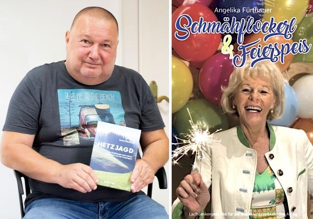 Norbert Blaichinger mit seinem Buch "Hetzjagd". Angelika Fürthauer präsentiert ihr 14. Buch "Schmähflockerl &amp; Feierspeis". | Foto: Blaichinger, Fürthauer