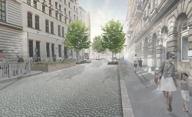 So soll die "Coole Straße" Phorusgasse aussehen: Sitzgelegenheiten, ein Parklet und Bäume sollen das Grätzel aufwerten. | Foto: Visualisierung: Yewo