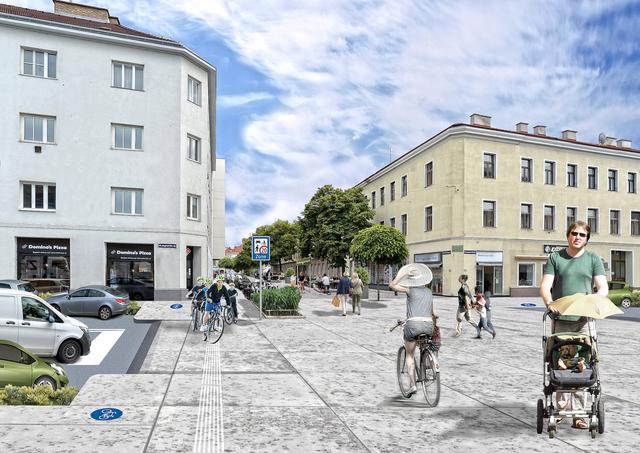 Geht es nach den Floridsdorfer Grünen, soll die Schleifgasse, mit der kreuzenden Angerer Straße im Vordergrund, bald so aussehen.