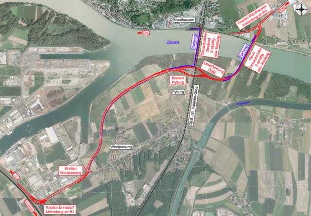 So sieht die gewählte Ostvariante der neuen Donaubrücke aus – 700 Meter flussabwärts der bestehenden Brücke.