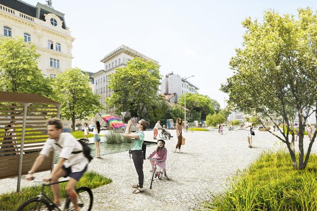 Begrünung, Bäumen, Wasser und ein Radspielplatz anstatt Parkplätze.