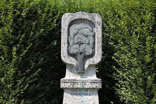 Das Stelzhamer-Denkmal mit blühendem Kirschbaum.