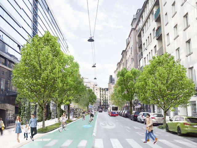 In der Operngasse soll Tempo 30 gelten. Ein neuer breiter Radweg in beide Richtungen soll die linke Fahrspur ersetzen. | Foto: Visualisierung: Moritz Mitterbauer