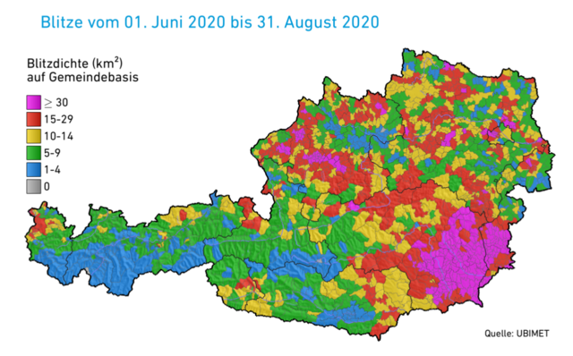 Die Blitzdichte im Sommer 2020 auf Gemeindebasis | Foto: UBIMET